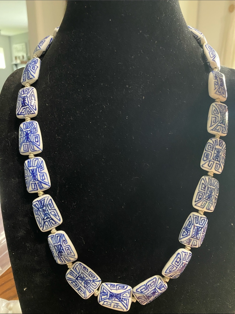 VTG Double Knotted Blue and White Ceramic Bead Necklace